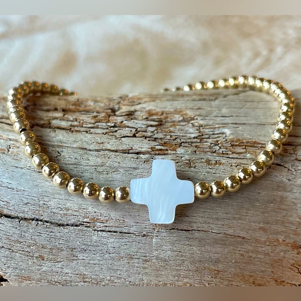 Cross bracelet Handmade 14k gold filled stretch mother of pearl cross bracelet